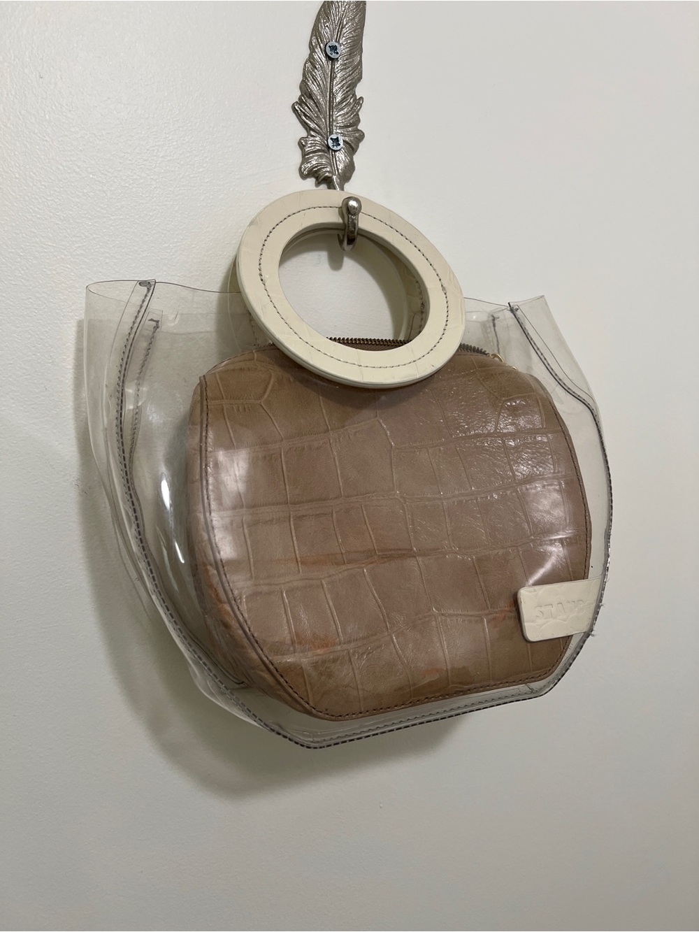STAUD Clear Tote with Tan Croc Pouch and White Round Handles - Picture 2 of 13